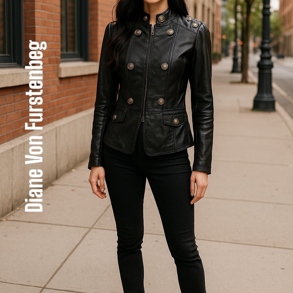 Diane Von Furstenberg Soft Black Leather Military Jacket